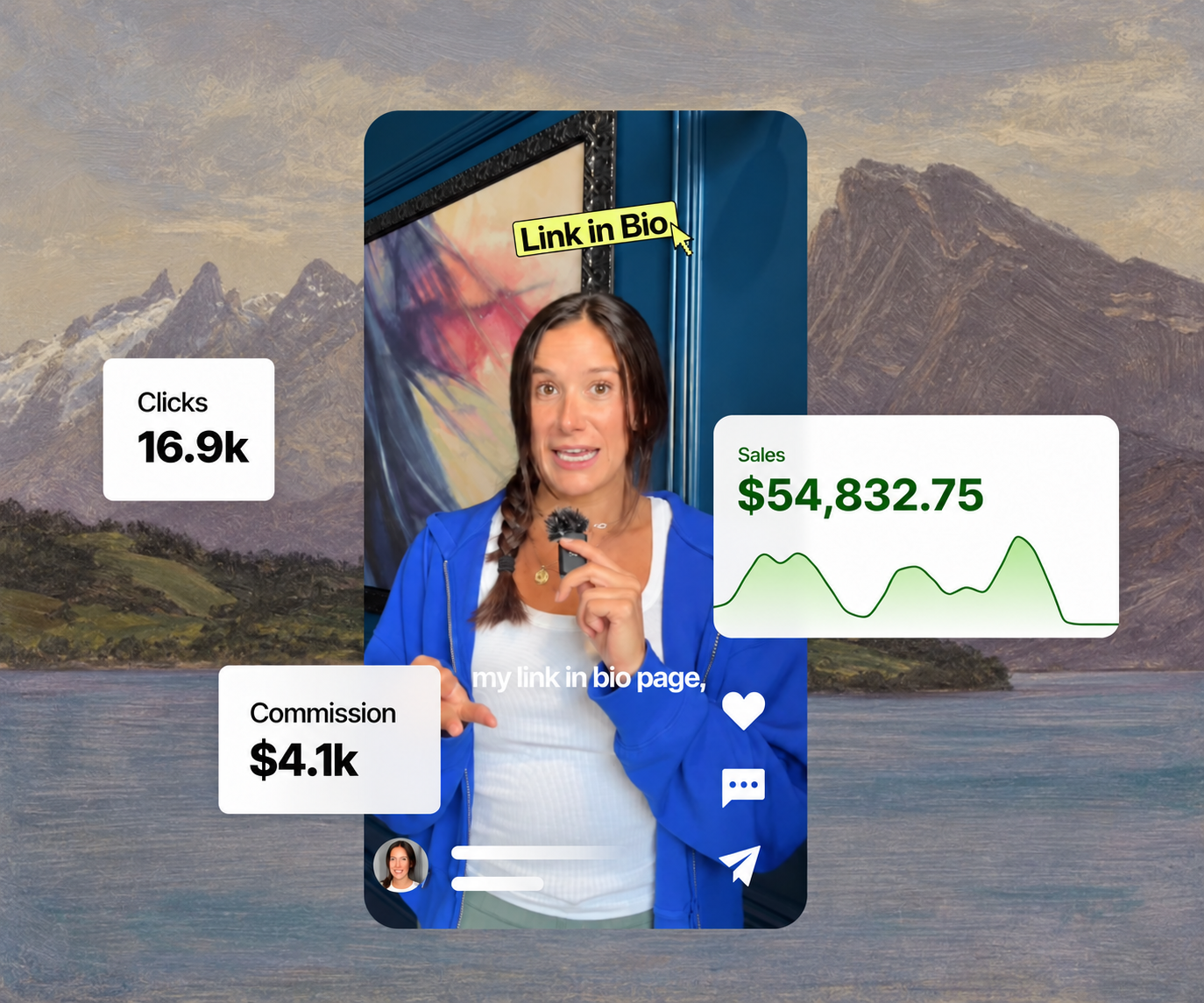 Illustrative creator growth collage with a creator video, link-in-bio clicks, sales chart and commission over a mountain lake.